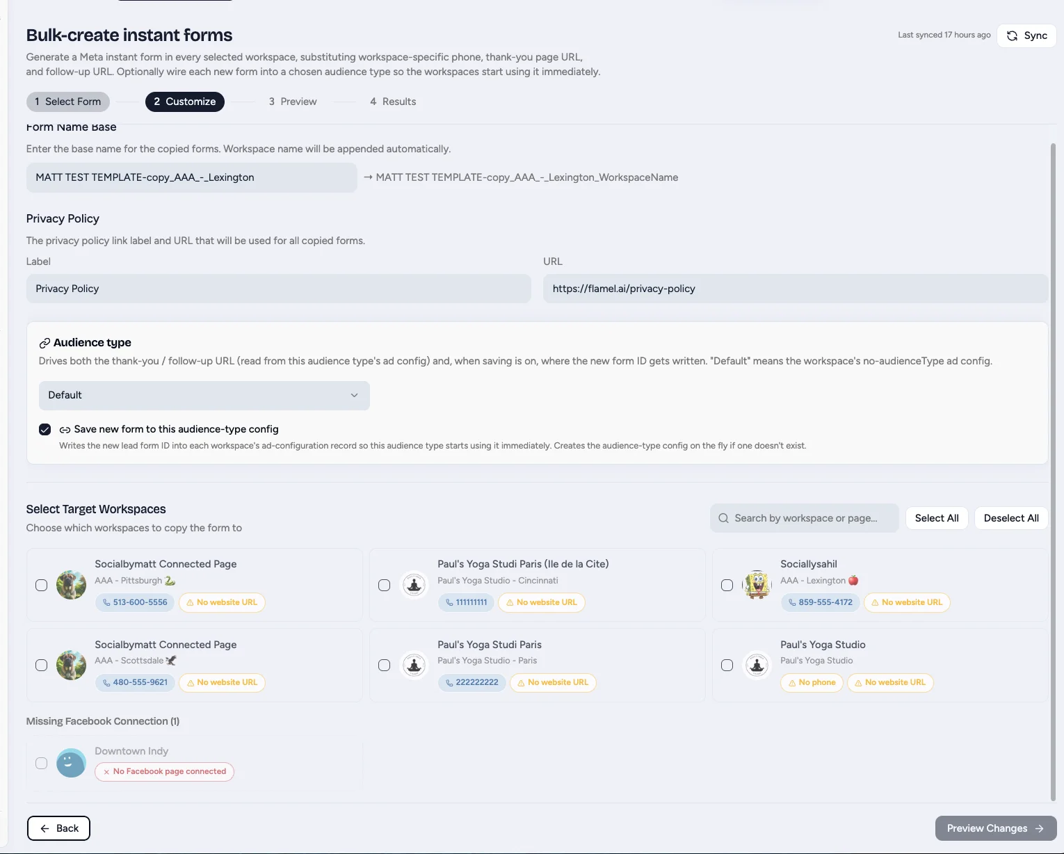 Customize step with form name, privacy policy URL, audience type, and target workspaces