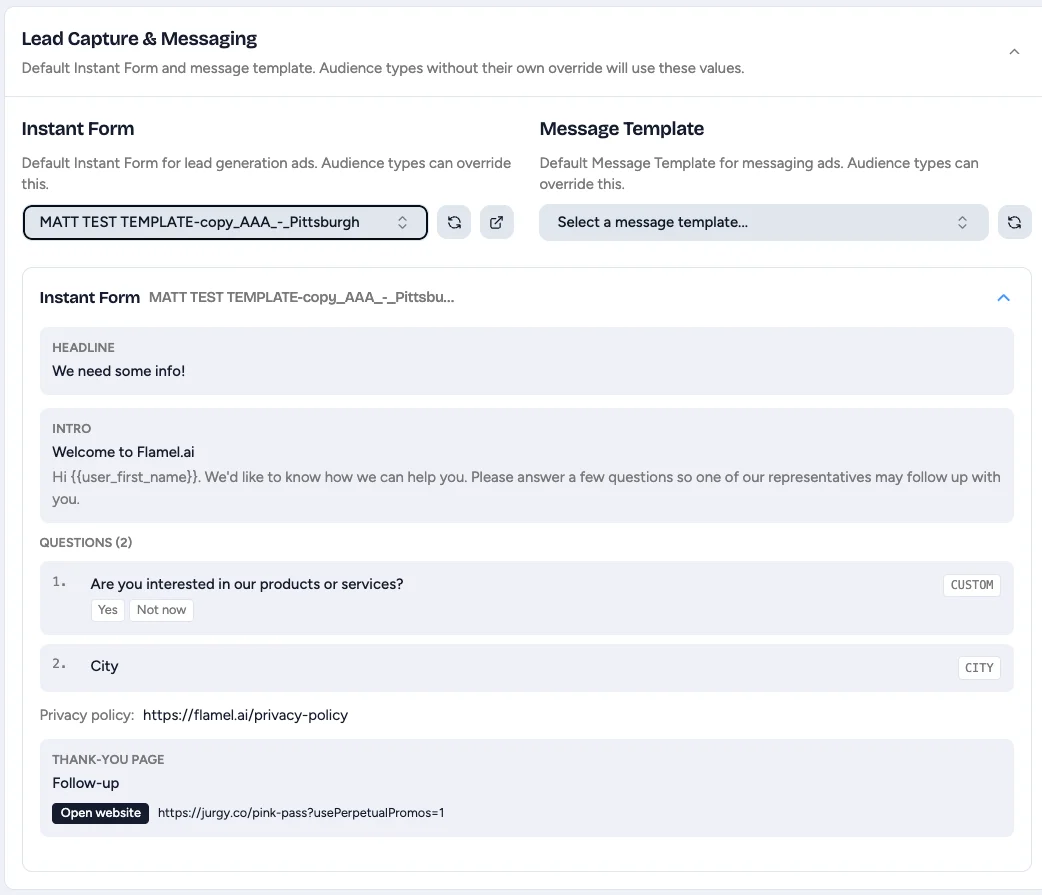 Lead Capture and Messaging section with the selected Instant Form and its questions