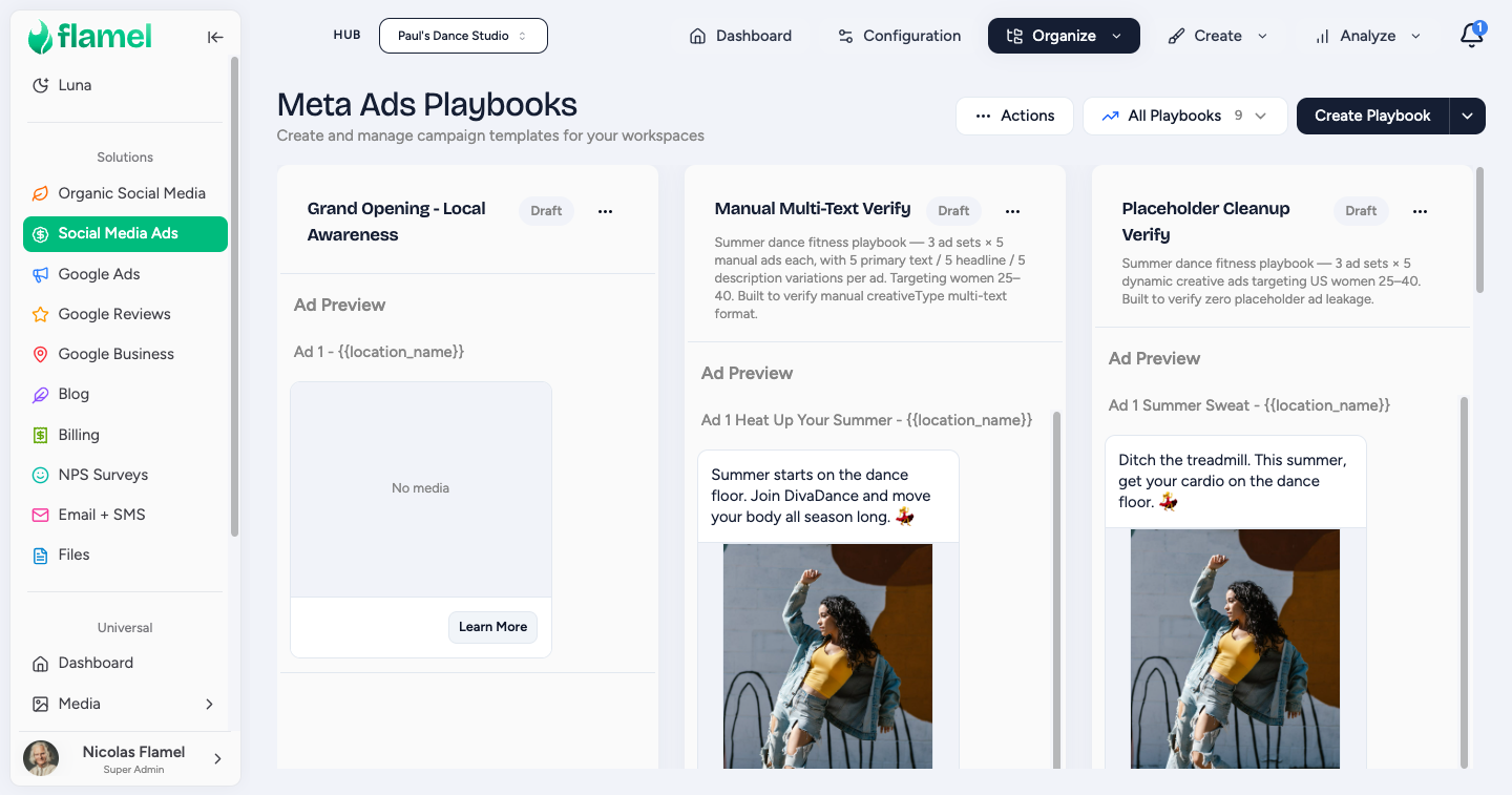 Meta Ads Playbooks management view with published playbooks and ad previews