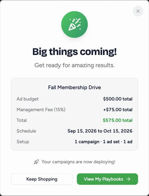 Opt-in confirmation summary showing ad budget, management fee, total, schedule, and setup counts