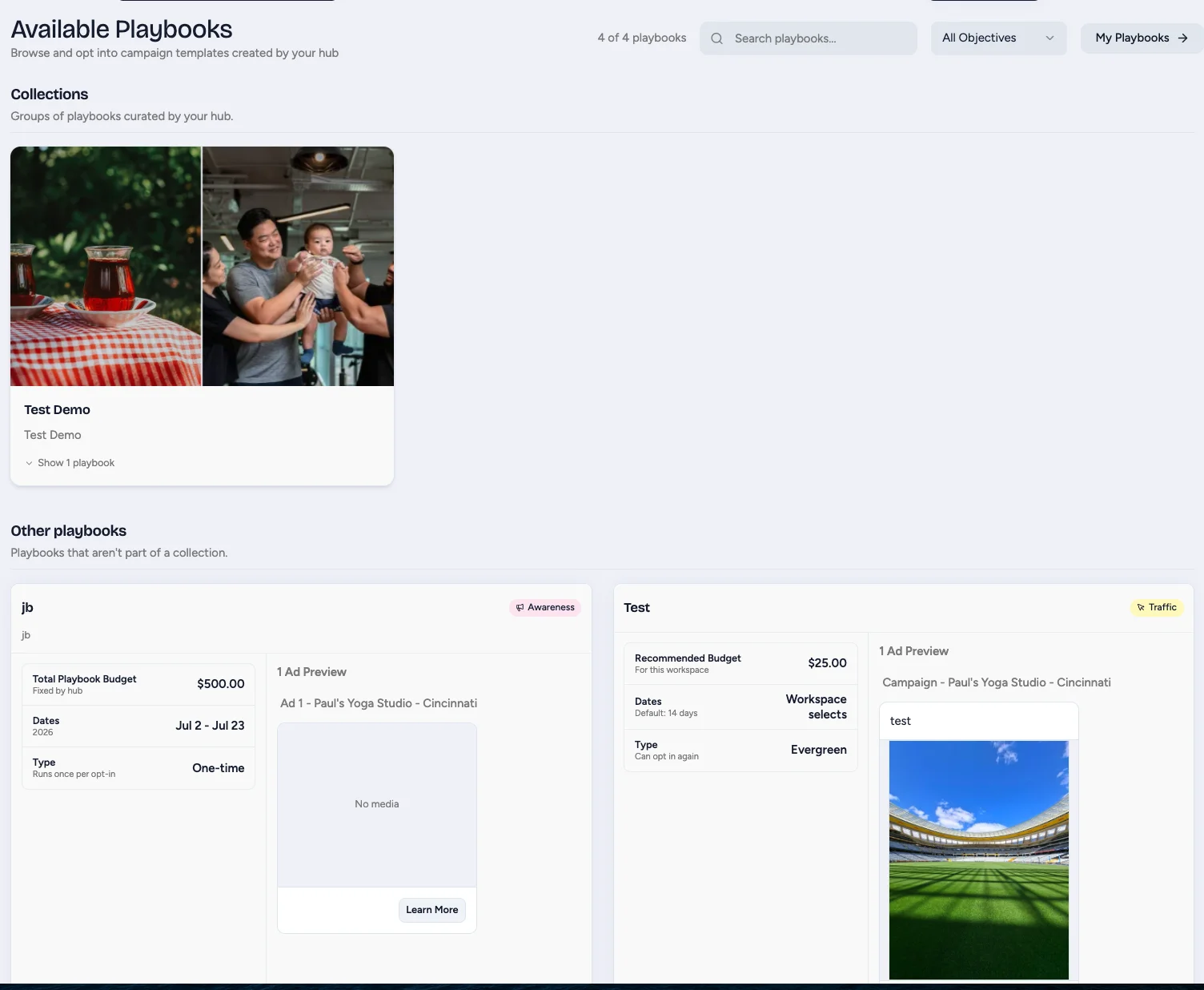 Playbook Shop listing available playbooks, collections and recommended budgets
