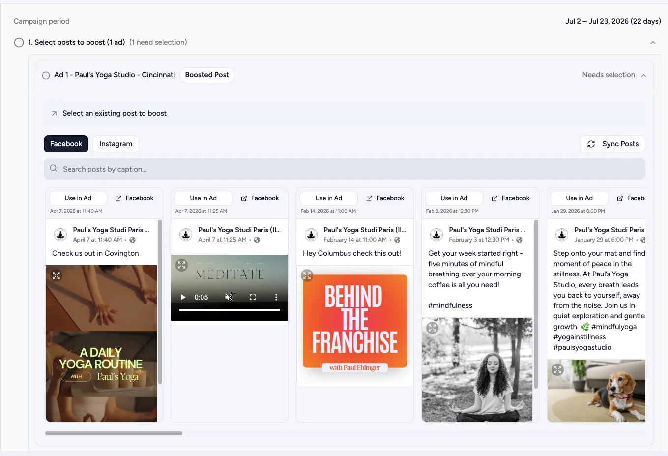 Select posts to boost step showing recent Facebook posts, each with a Use in Ad button