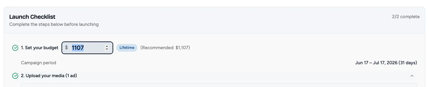 Launch Checklist with a lifetime budget field, recommended budget, and campaign period