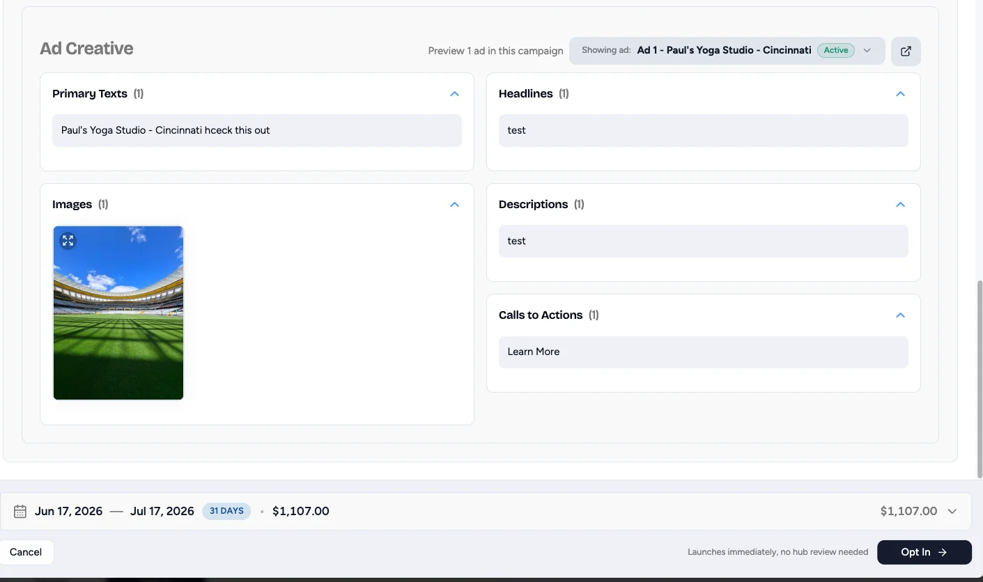 Playbook opt-in screen previewing the Hub ad creative, campaign dates and budget, and the Opt In button