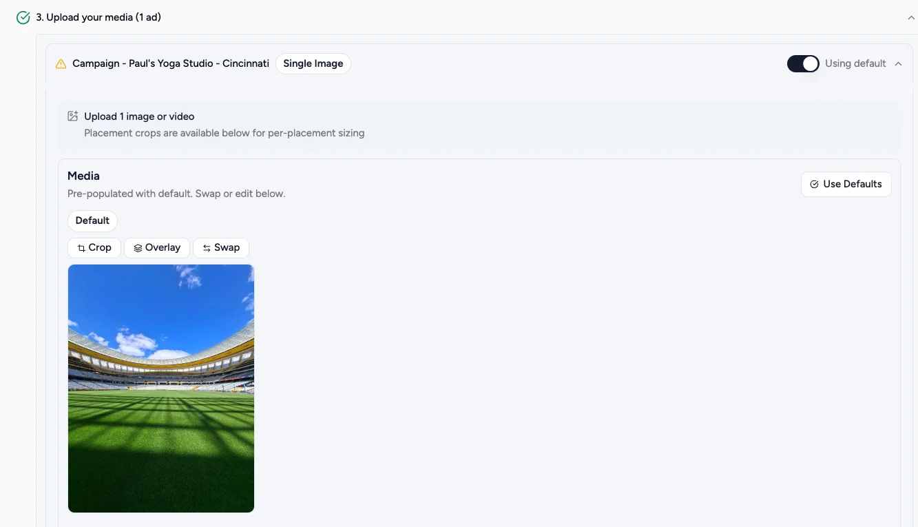 Upload your media step for a single image ad with Crop, Overlay, and Swap buttons