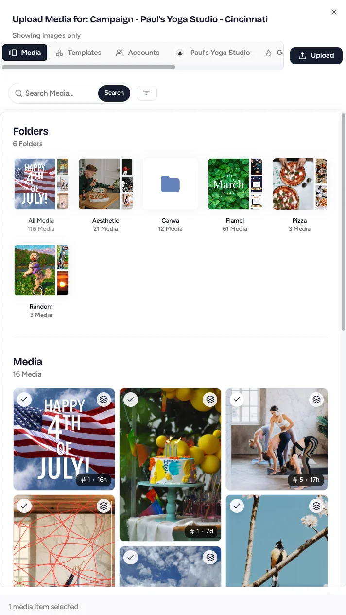 Upload Media dialog showing media library folders and images to choose for the ad