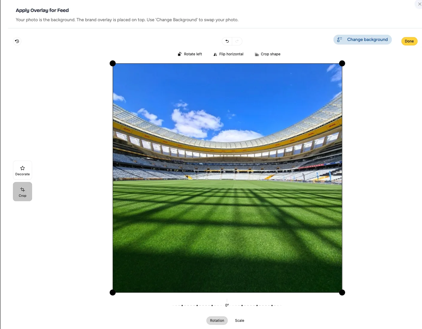 Apply Overlay for Feed editor with crop handles, rotation, and a Change background button