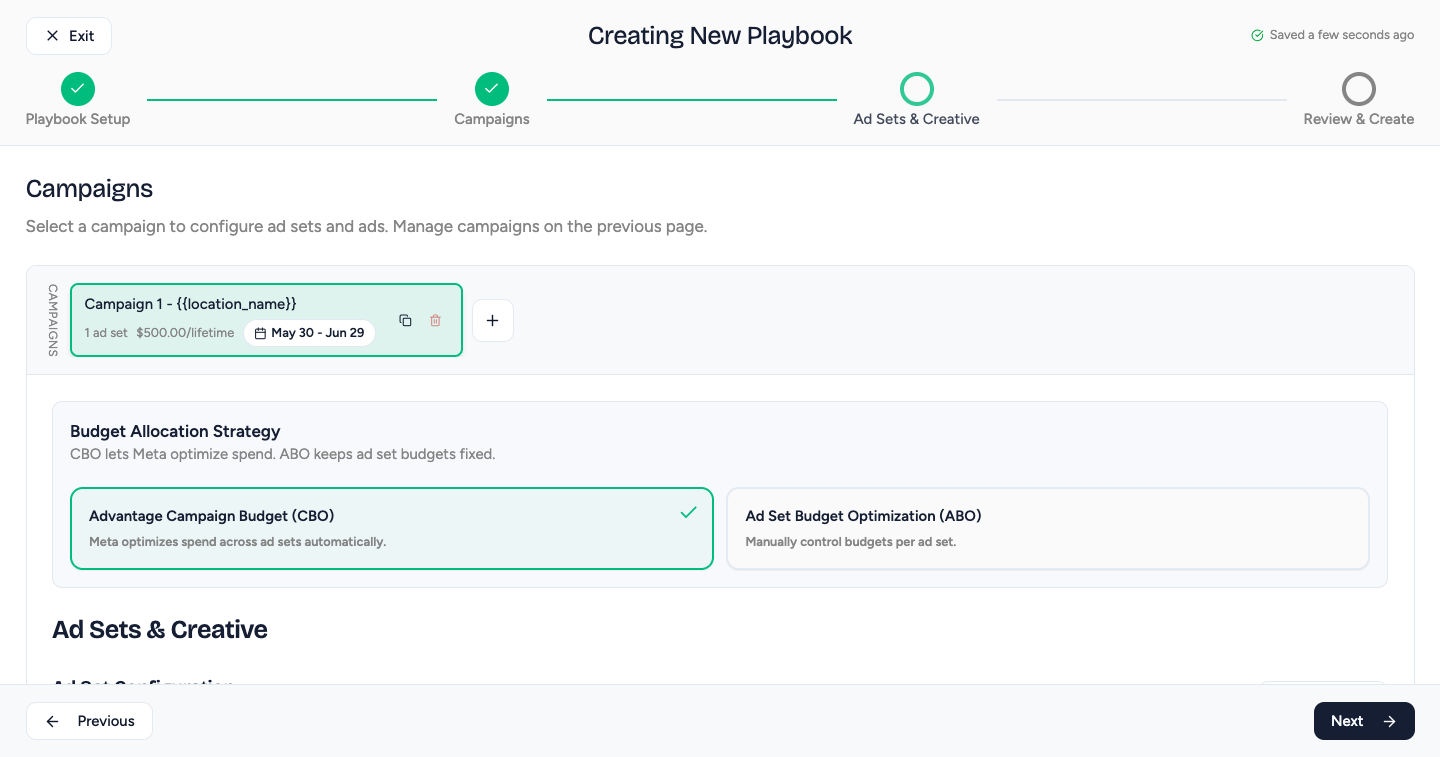 Ad Sets and Creative step showing conversion location, audience, and ads