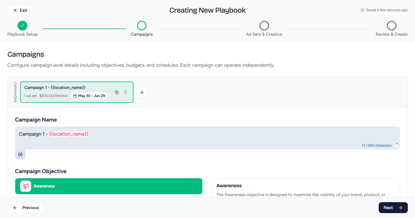 Campaigns step showing objective, special ad categories, and budget optimization