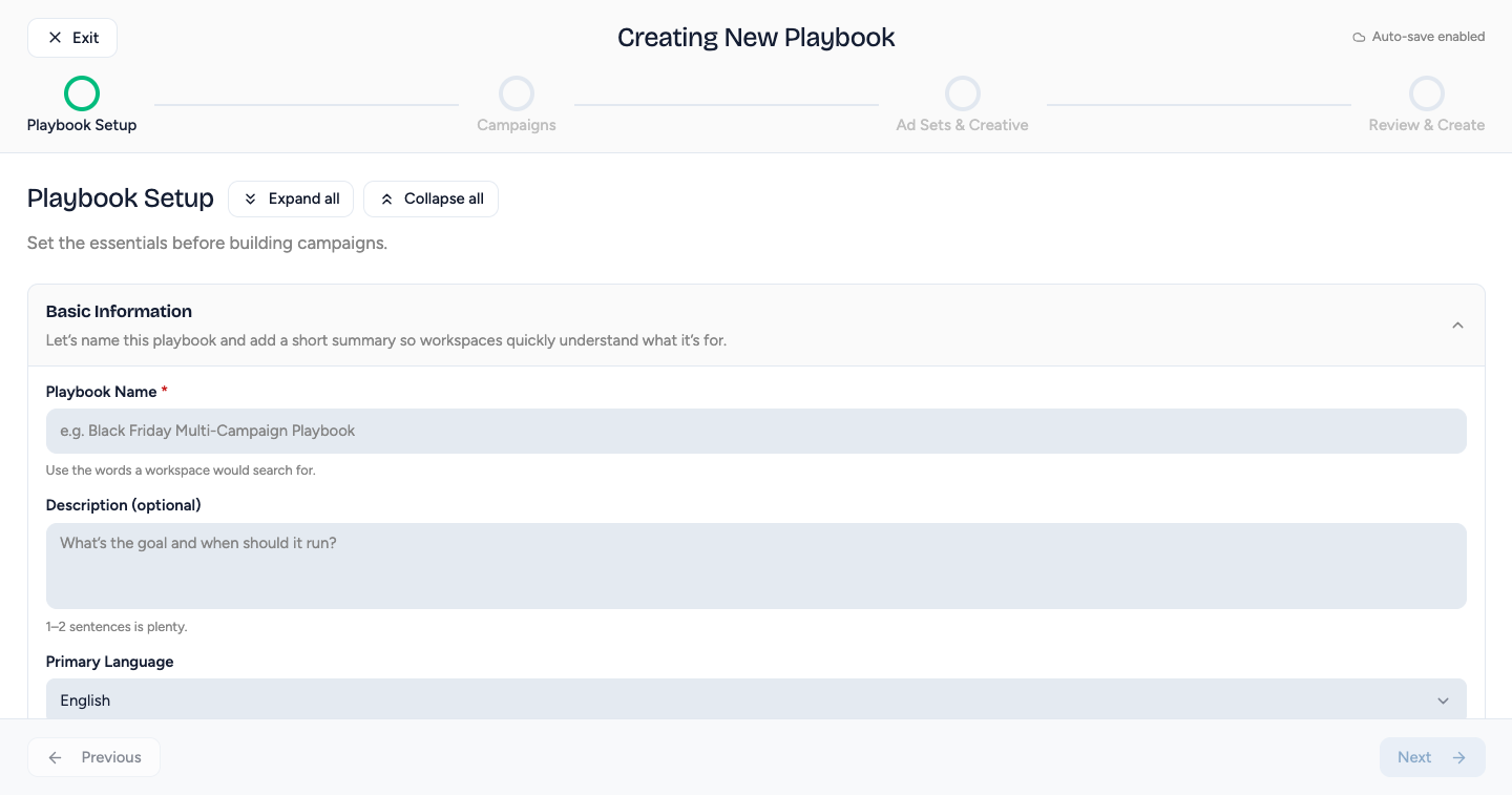 Playbook Setup step with Basic Information, access, launch mode, budget, and schedule sections