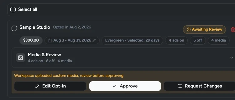 Hub playbook review queue filtered to an opt-in awaiting review, with Approve and Request Changes controls