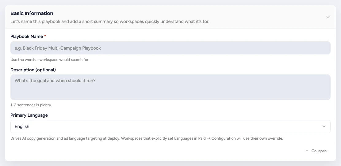 Basic Information settings for playbook name, description, and primary language