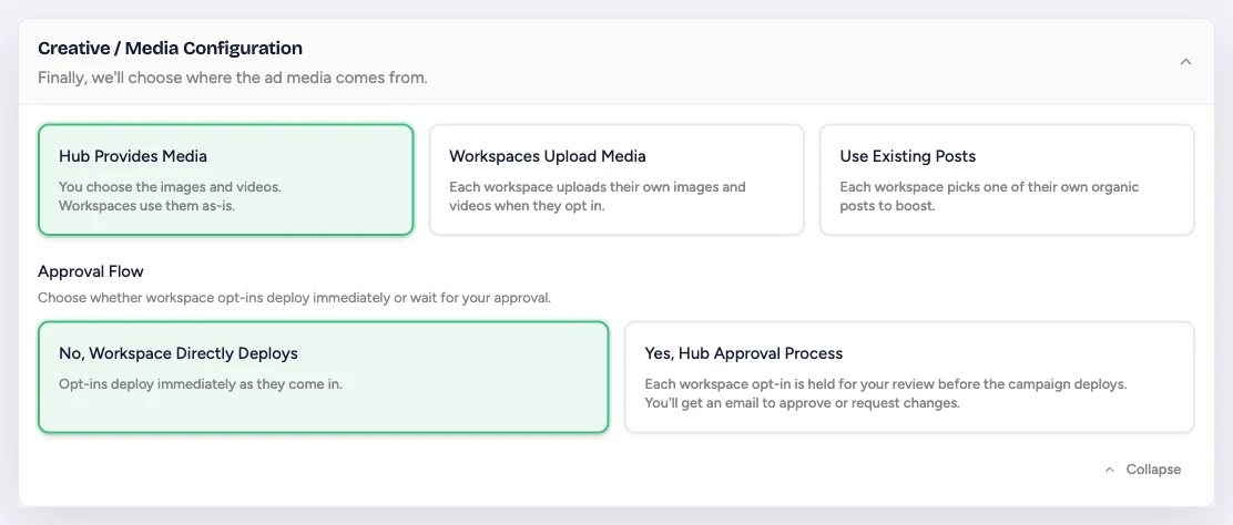 Creative and Media Configuration with Hub media, workspace uploads, existing posts, and approval flow