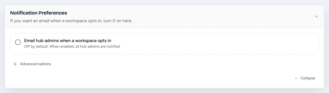 Notification Preferences for emailing Hub admins when a workspace opts in