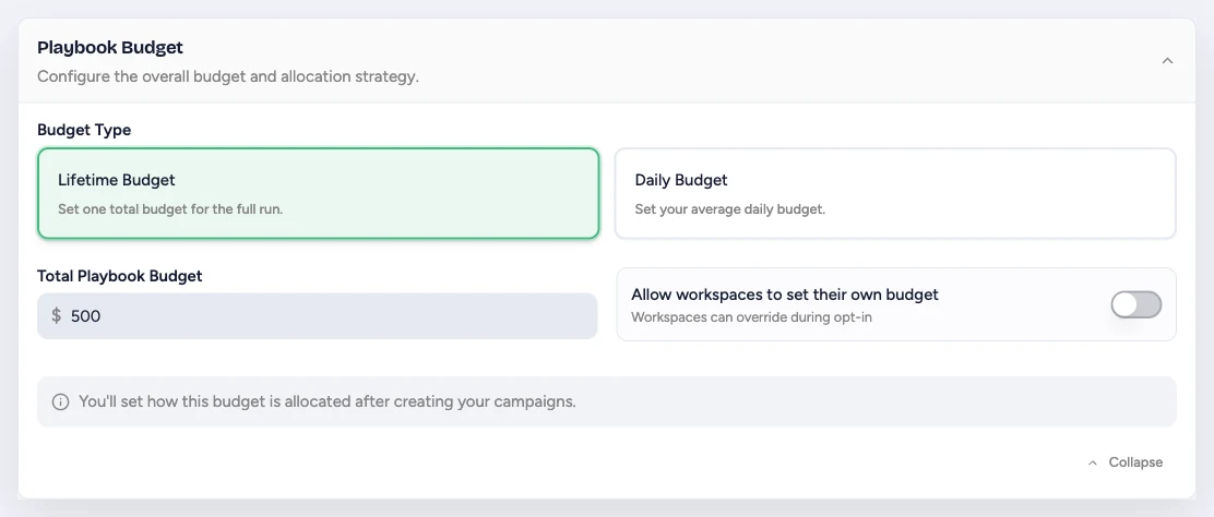Playbook Budget settings for lifetime or daily budget and workspace budget control