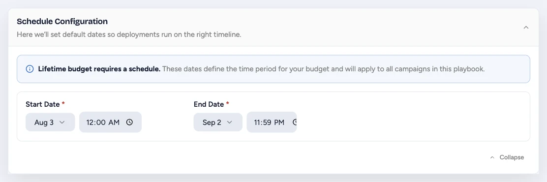 Schedule Configuration with playbook start and end dates