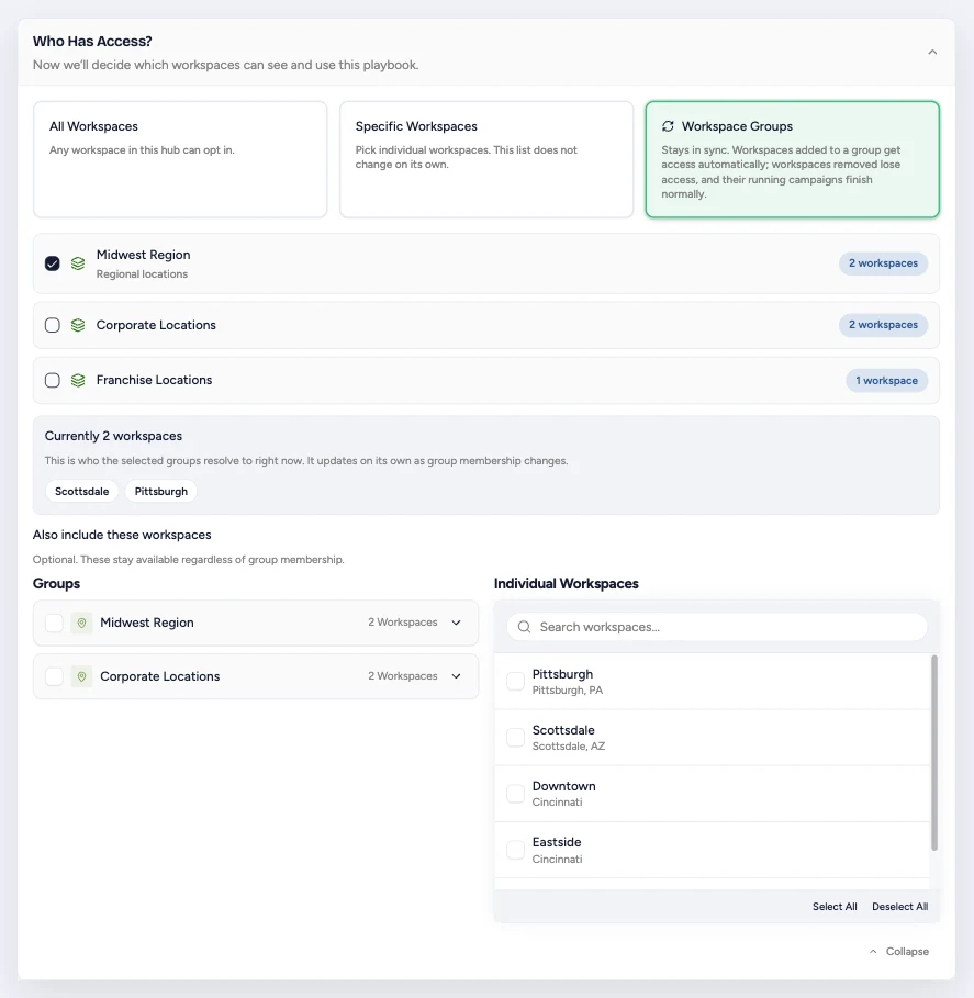 Playbook access choices for all workspaces, specific workspaces, and synced Workspace Groups