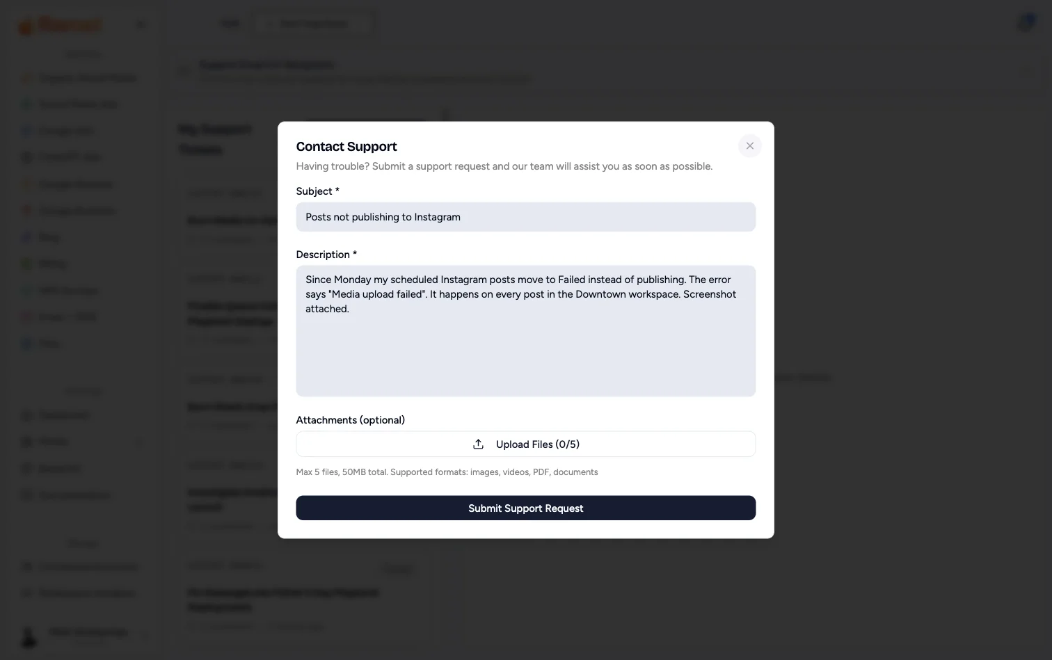 The Contact Support form filled in with a subject and description