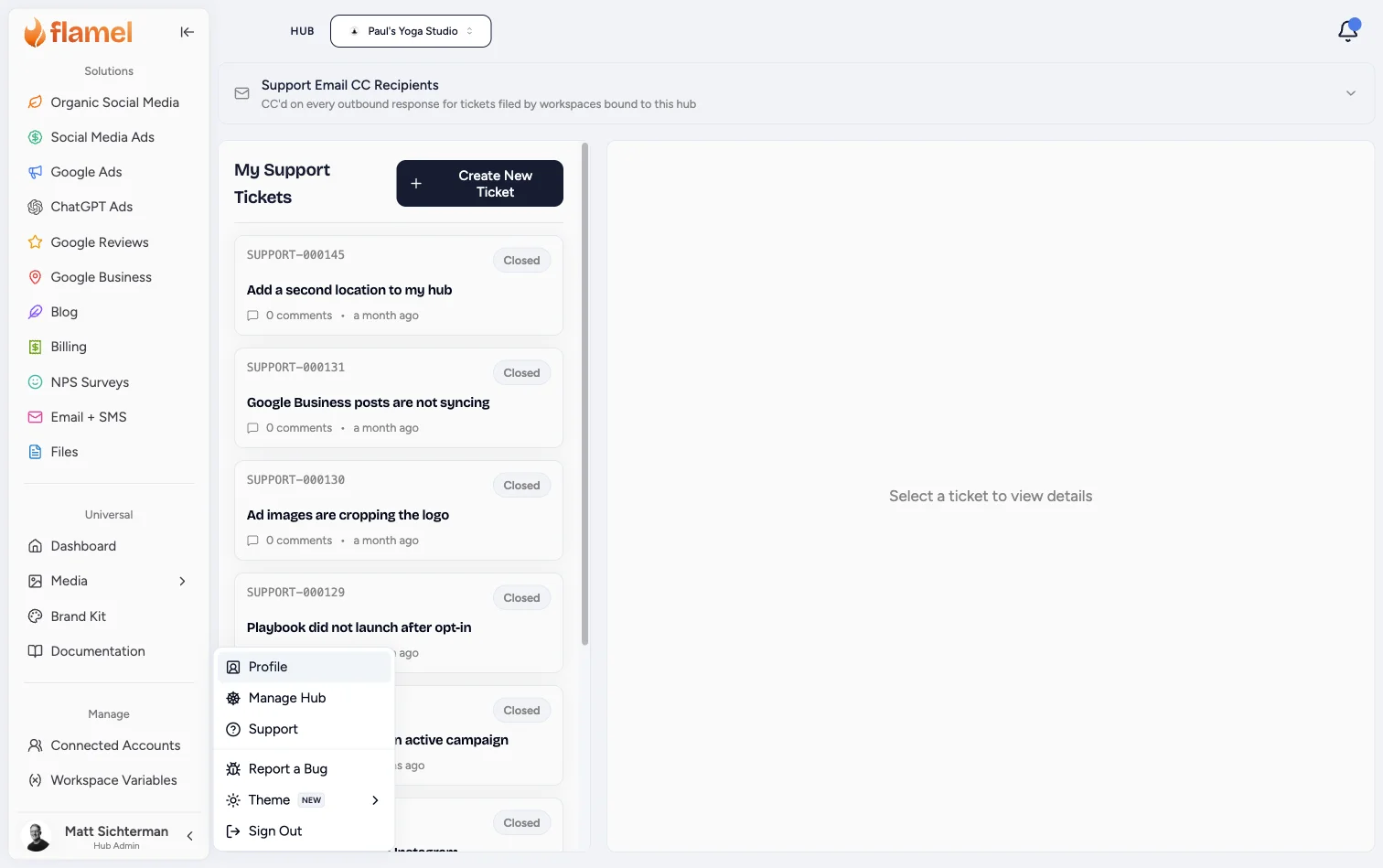 Profile menu with the Support option