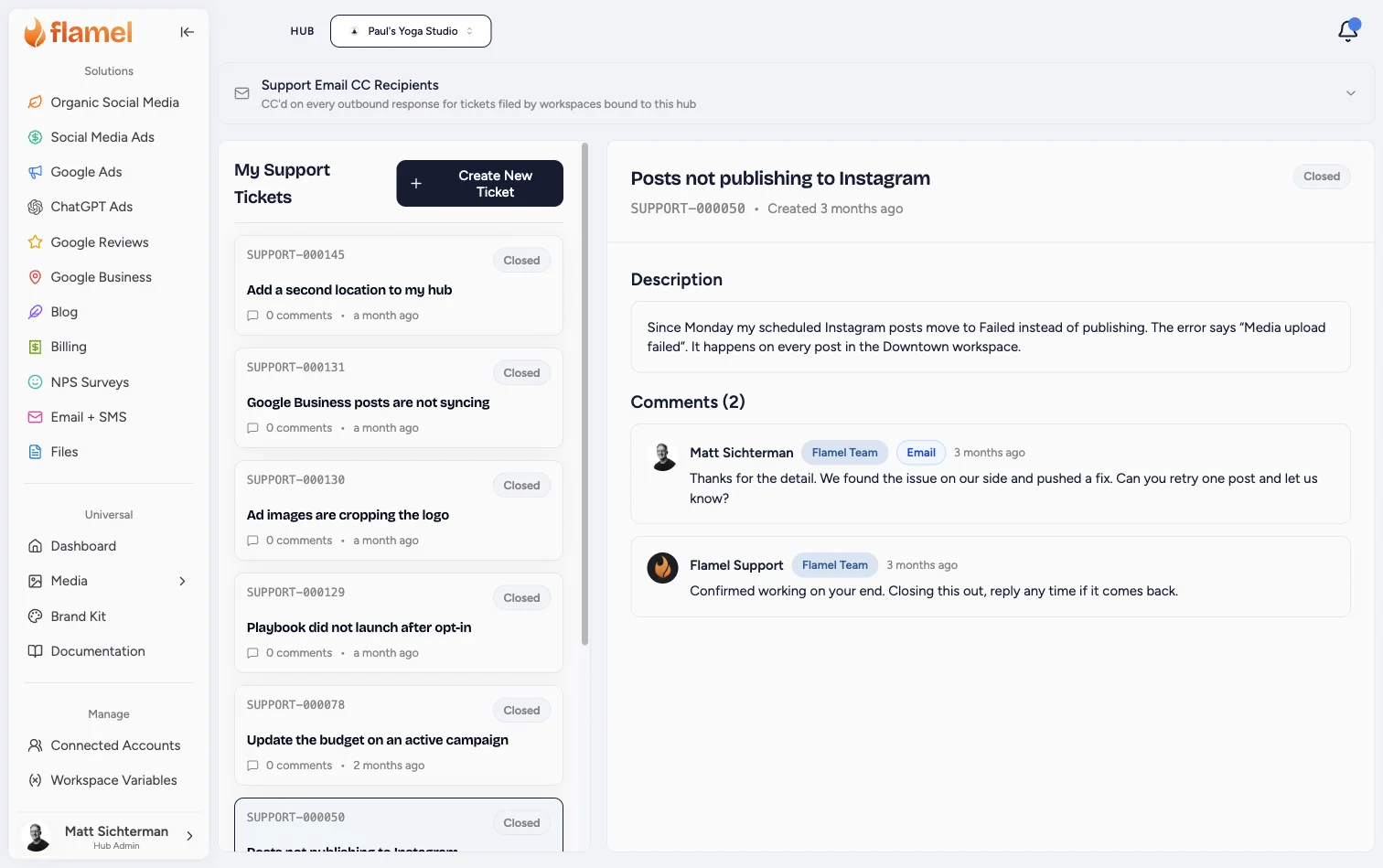 Support ticket detail with its status badge and comment thread