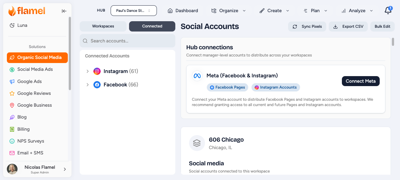 Connected accounts with status indicators