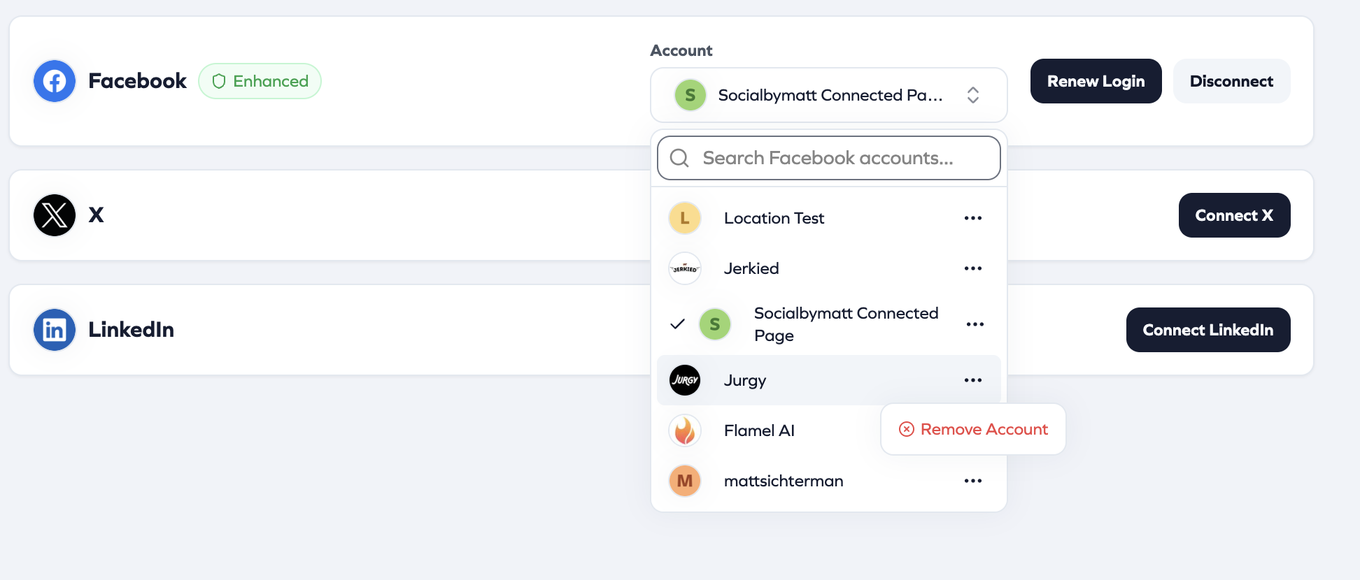 Flamel Facebook account dropdown showing the Remove Account option