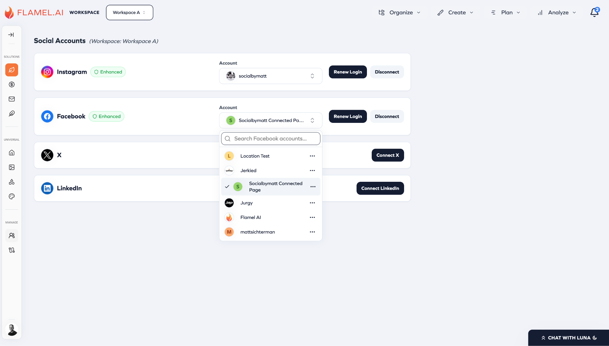 Flamel Social Accounts page with the Facebook card and Renew Login button