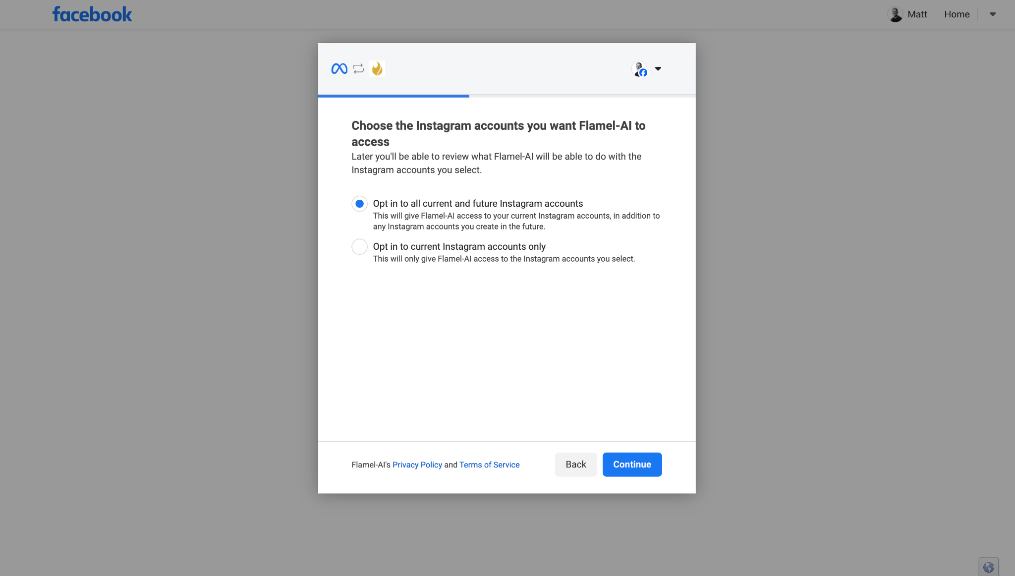 Meta screen: choose the Instagram accounts you want Flamel to access, with Opt in to all current and future selected