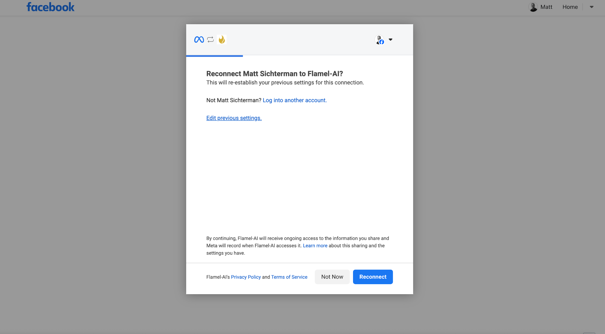 Meta reconnect screen with the Edit previous settings link
