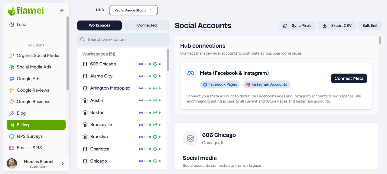 Connected accounts and status indicators