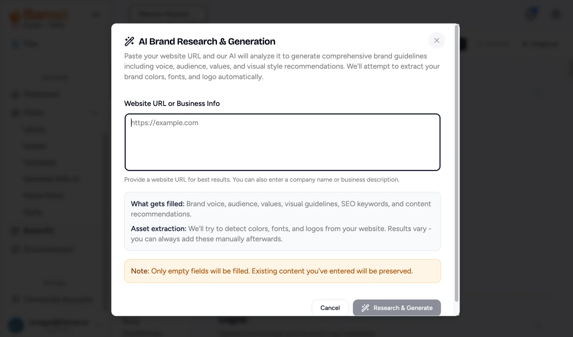 AI Brand Research and Generation dialog with a Website URL field and Research and Generate button