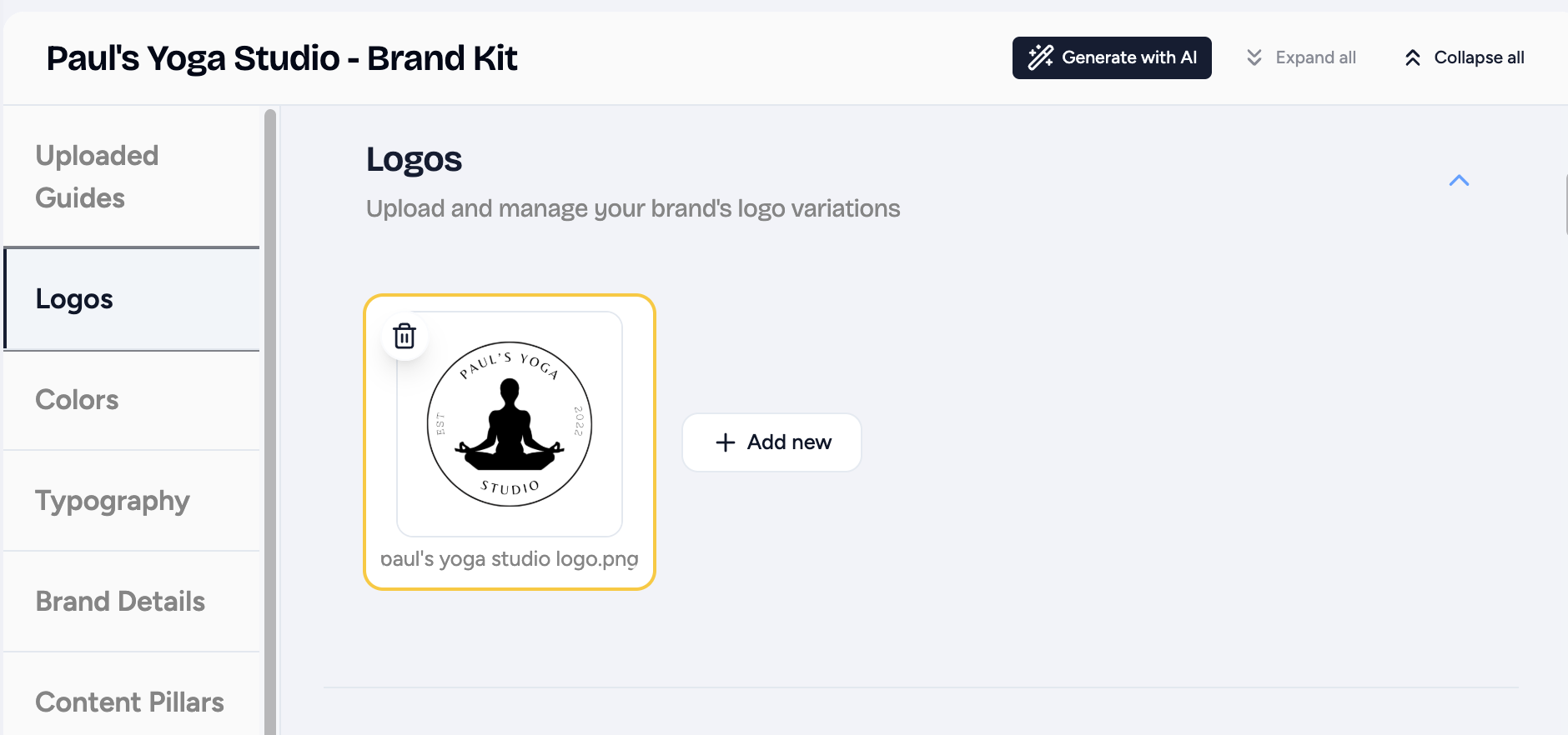 Brand Kit page showing uploaded guides and logo section