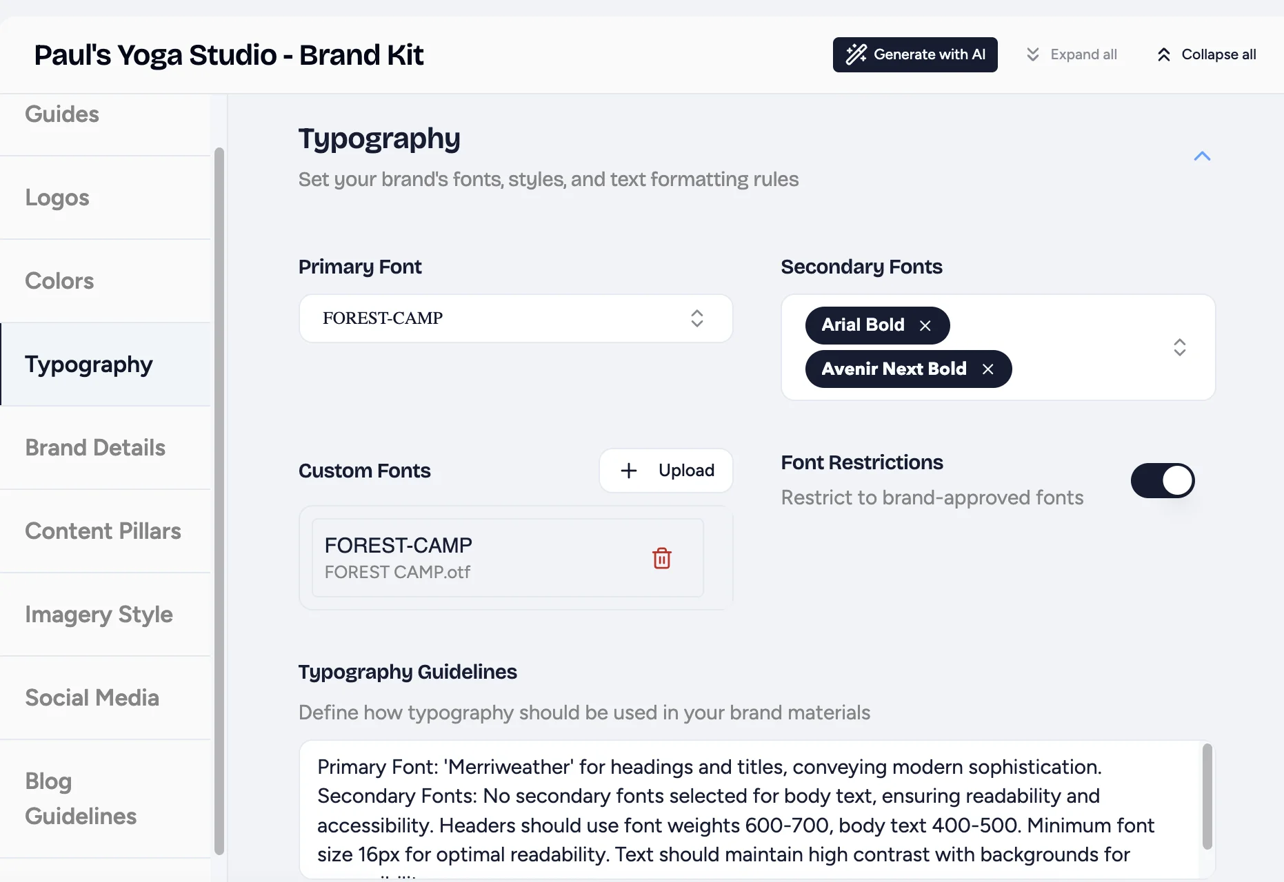 Typography section with primary and secondary fonts, custom font upload, and the Font Restrictions toggle