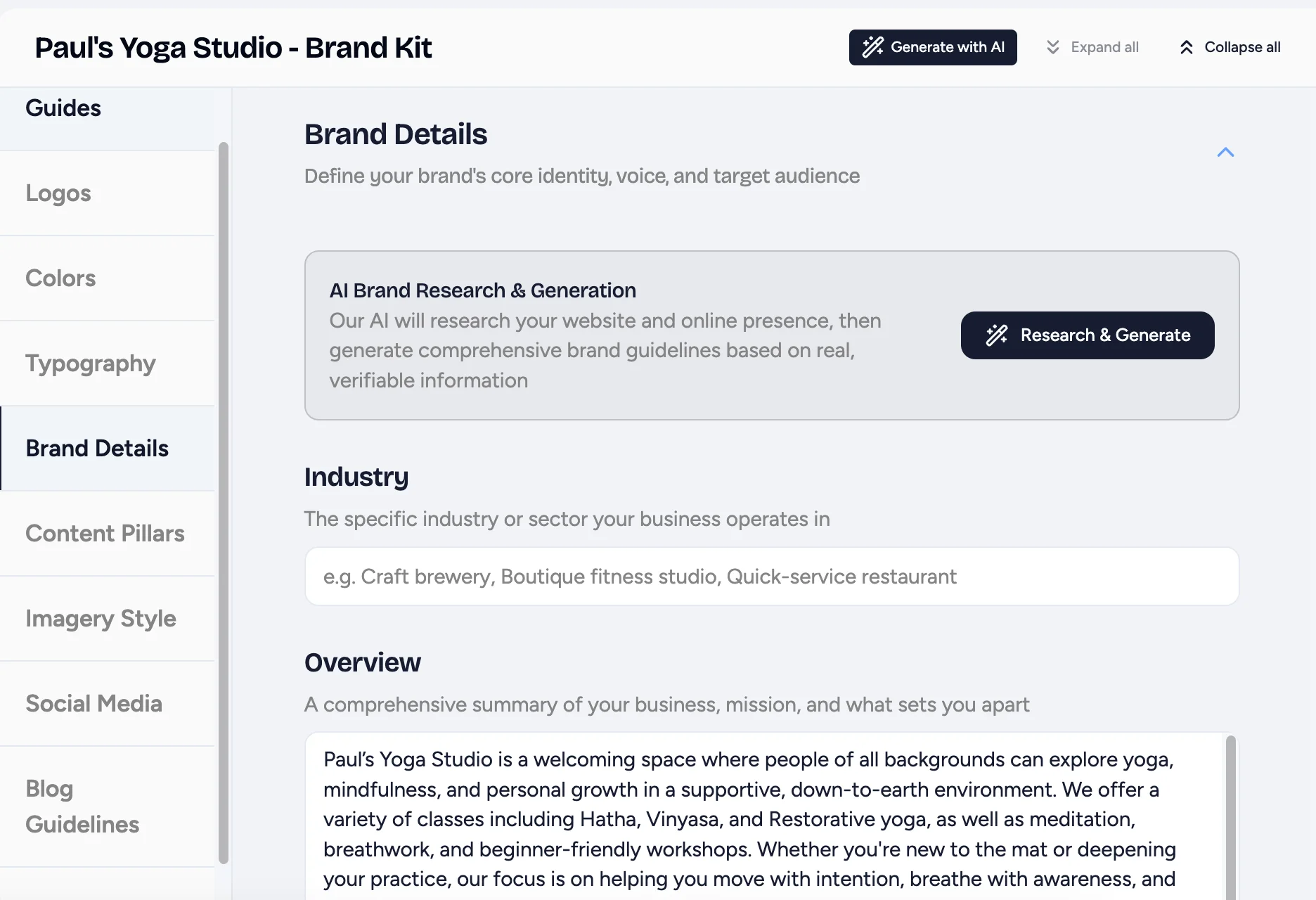 Brand Details section with the AI Brand Research and Generation panel, Industry and Overview fields