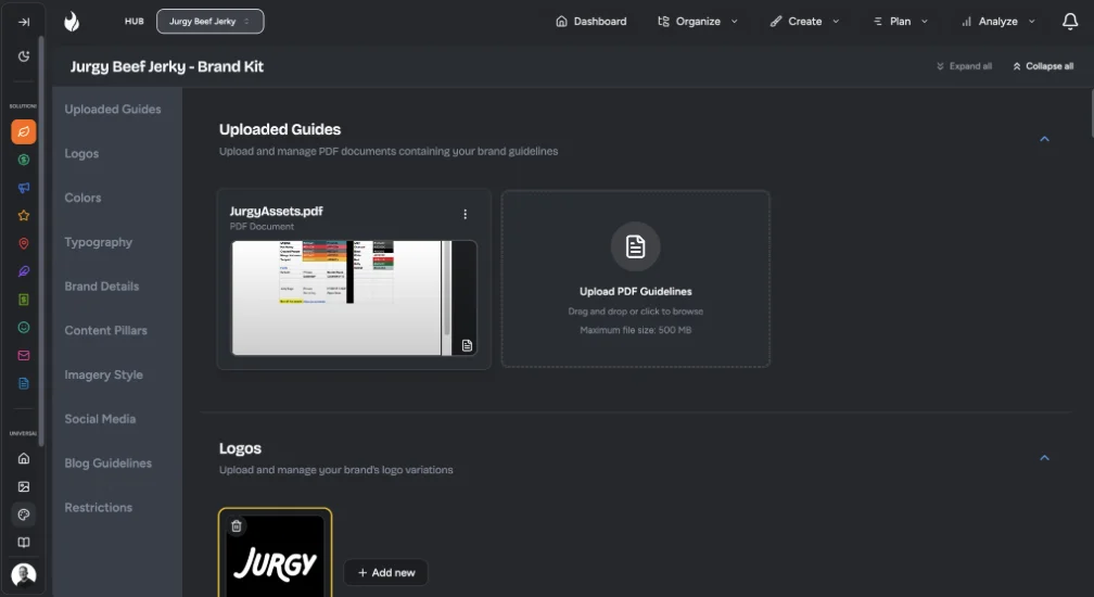 Uploaded Guides section with a brand PDF and an Upload PDF Guidelines drop zone