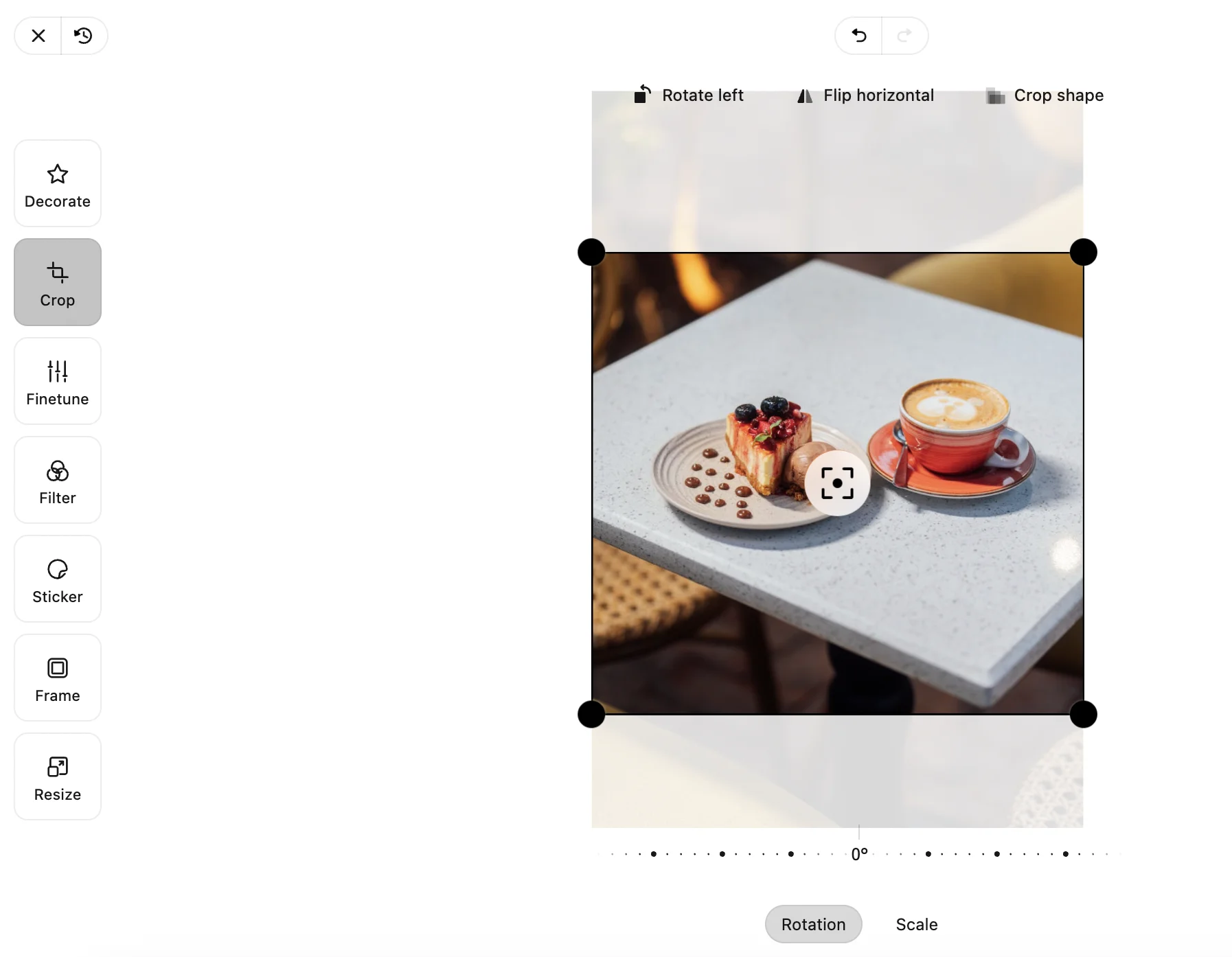 Design Editor Crop tool with crop handles, rotate, flip and crop shape options