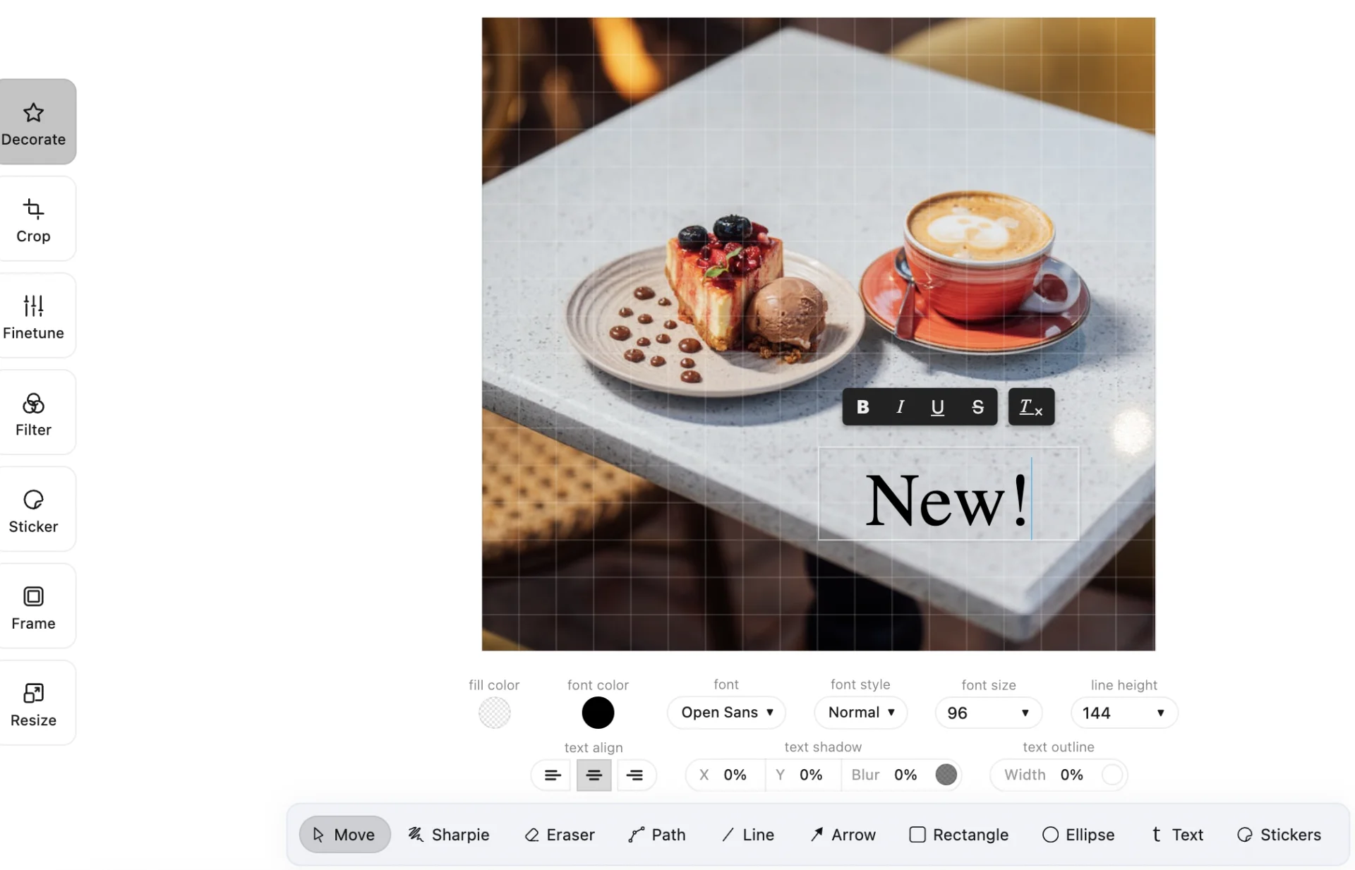 Design Editor text layer on an image with font, size, shadow and outline controls