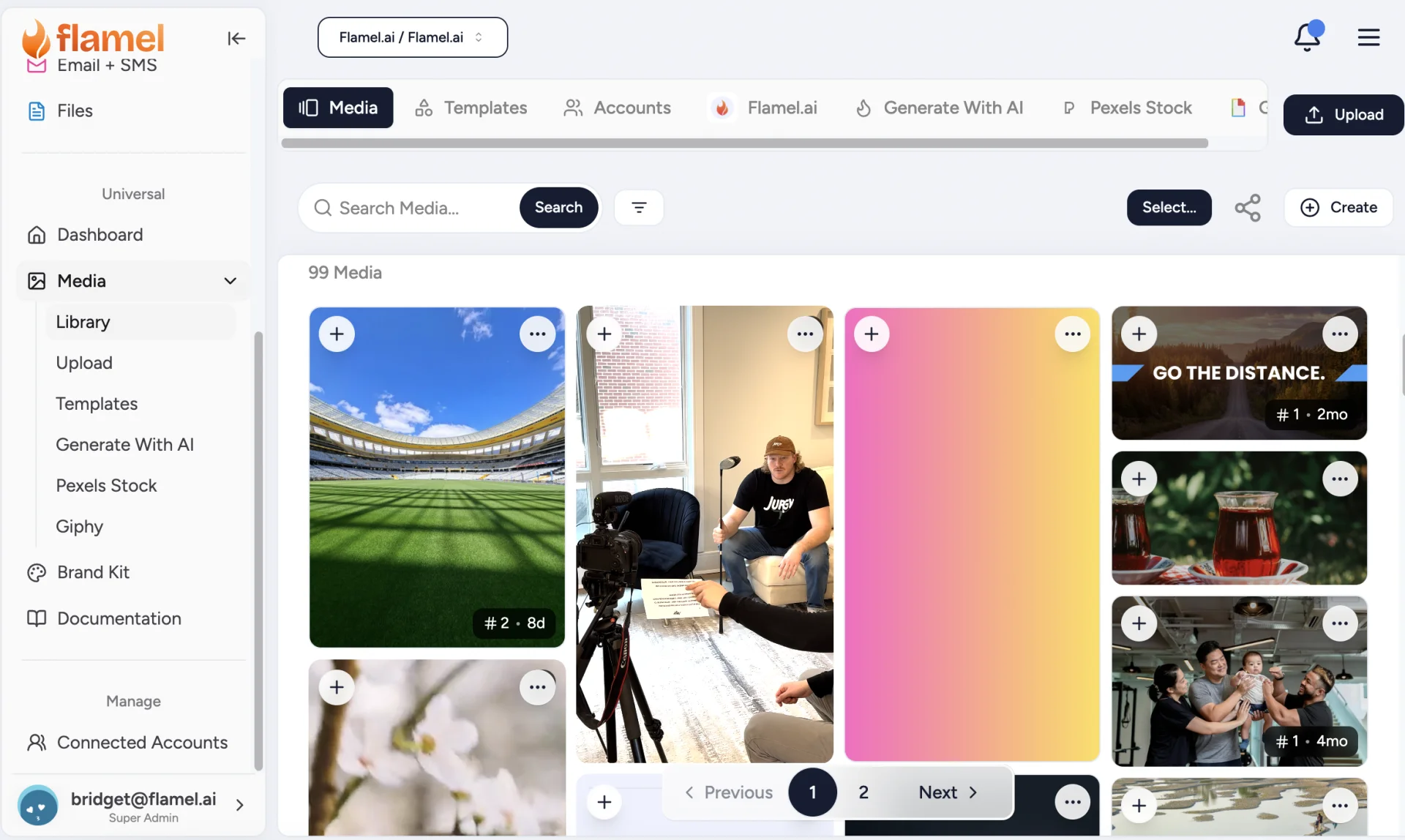 The Media Library grid with Library selected in the sidebar and the Upload button top right