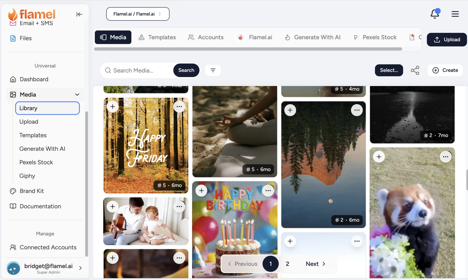 Media Library showing uploaded images and the Upload button in the top right corner