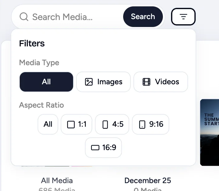 Media filters panel with Media Type and Aspect Ratio options