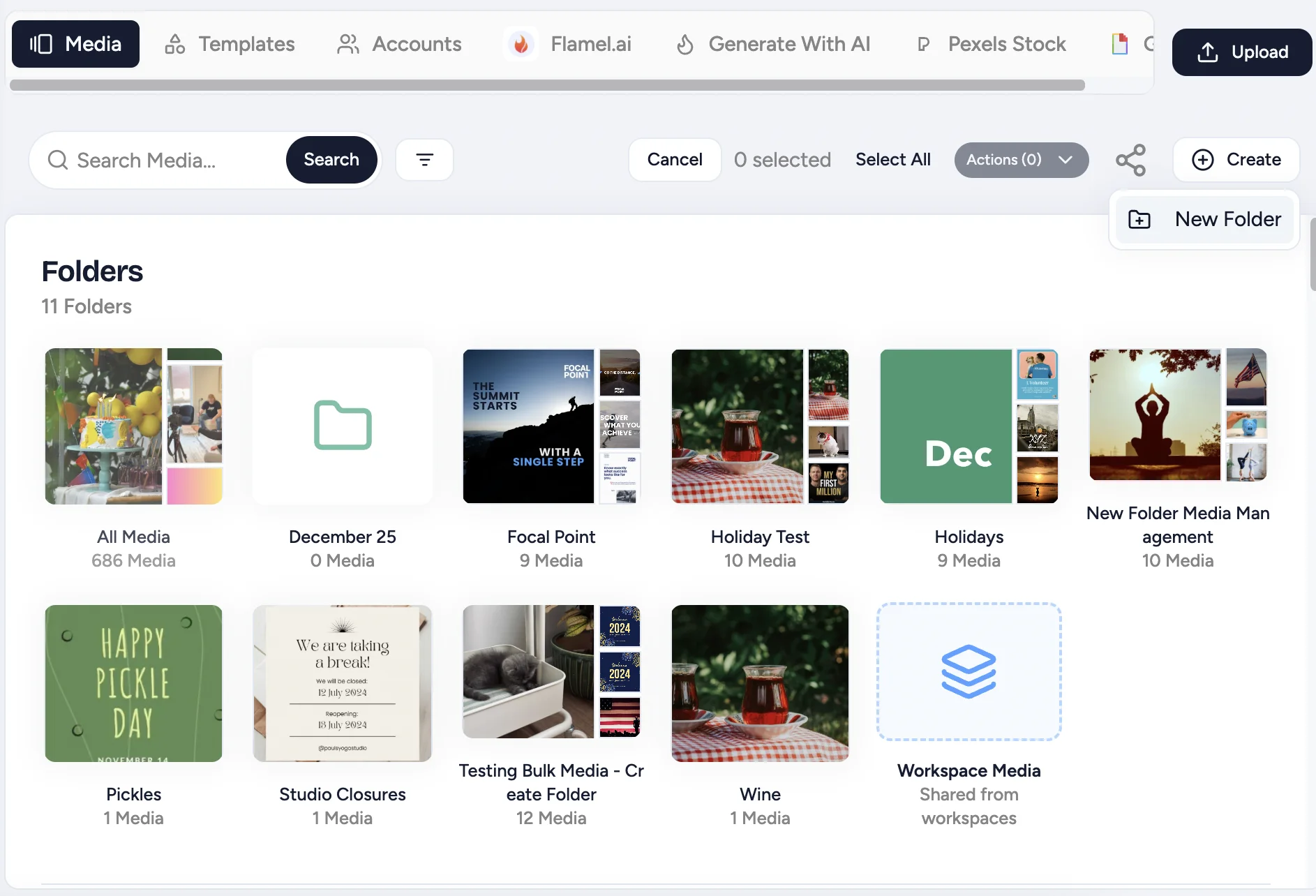 Create menu open with New Folder above the Media Library folder grid