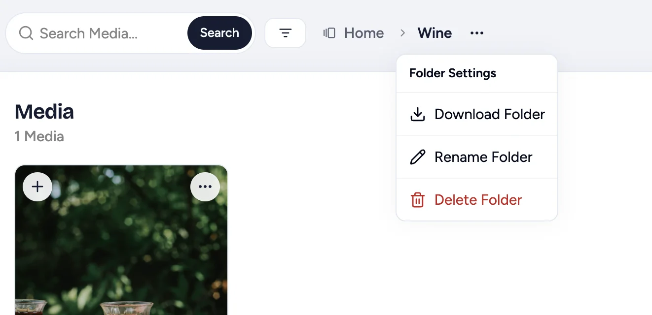 Folder Settings menu with Download Folder, Rename Folder and Delete Folder options