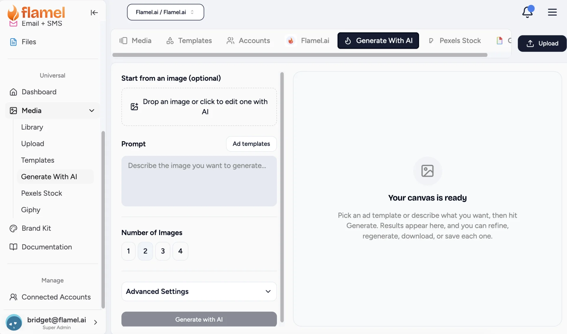 Generate With AI tab with an optional starting image, prompt field and image count