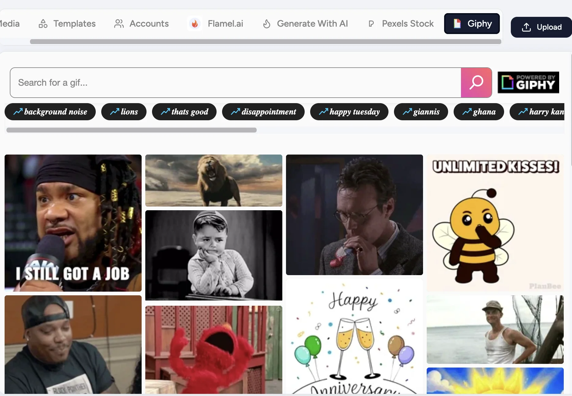 Giphy tab with a GIF search bar, trending tags and GIF results